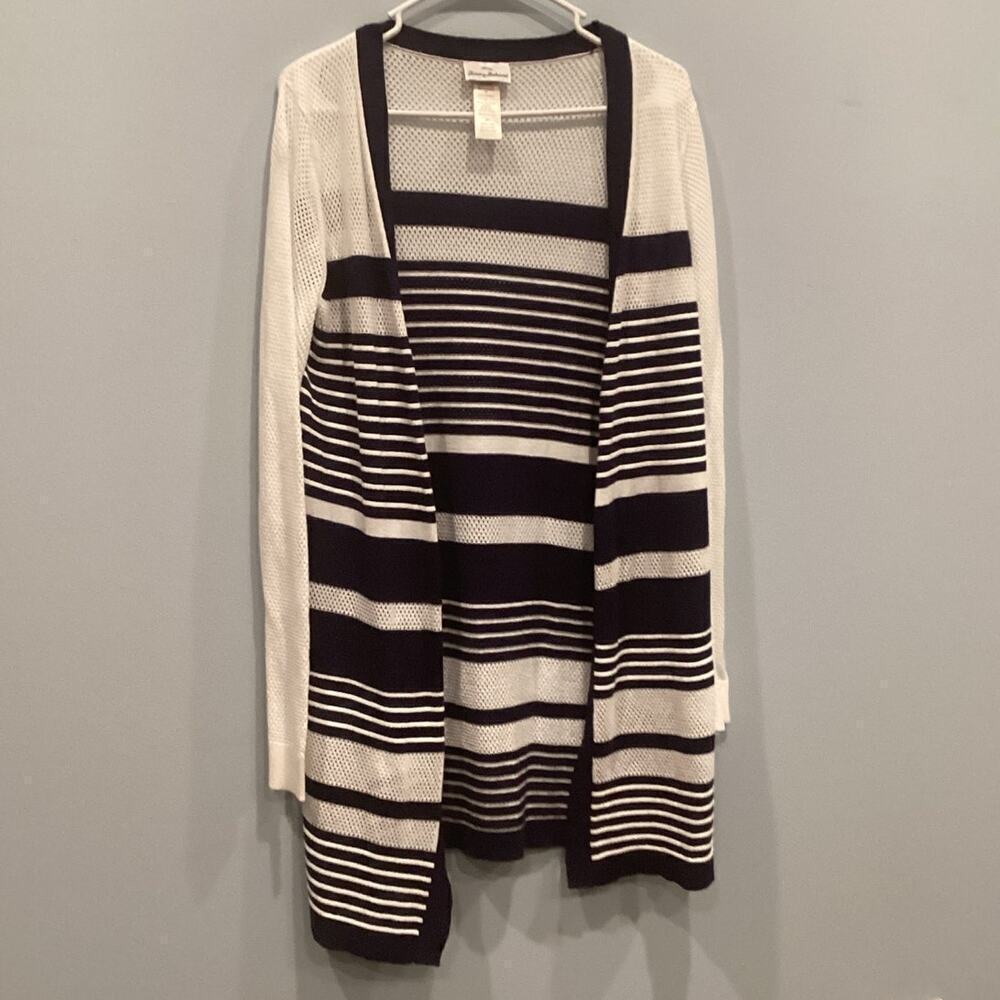 Tommy Bahama Womens‎ Duster Cardigan Small Blue White Open Knit Nautical Beach